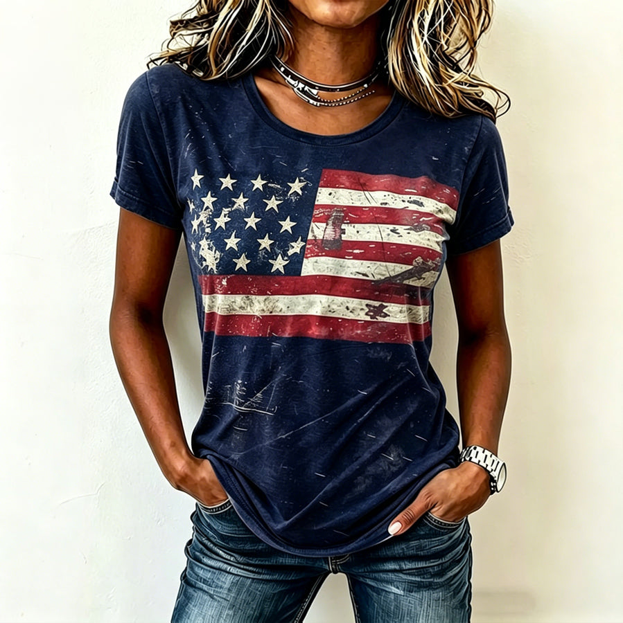 Women's Vintage Independence Day Flag Print Casual T-shirt