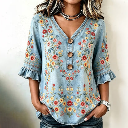 Women's Vintage Floral Embroidery Design Shirt