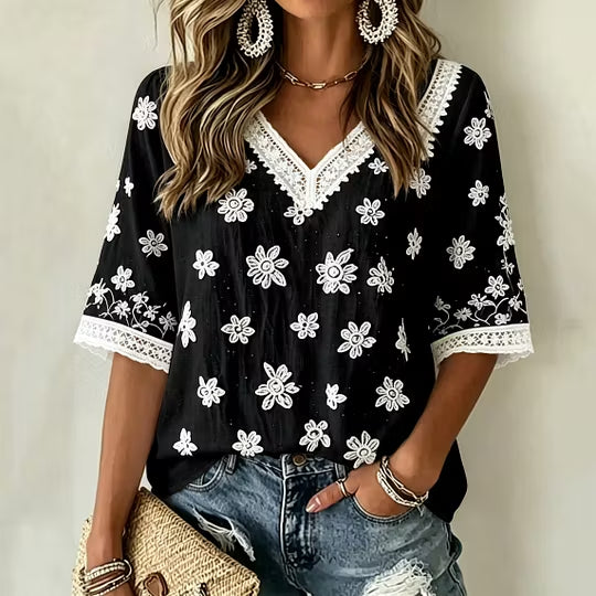 Women's White Rose Art Linen Blend Three Quarter Sleeves T-shirt