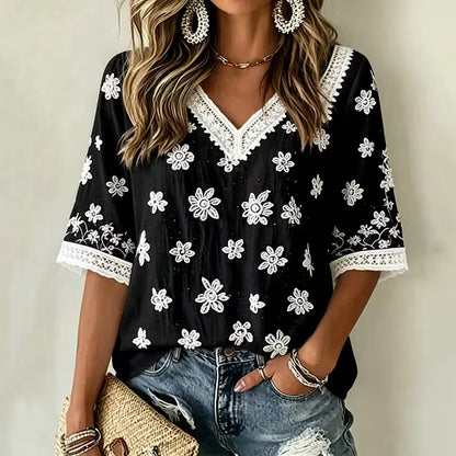 Women's White Rose Art Linen Blend Three Quarter Sleeves T-shirt