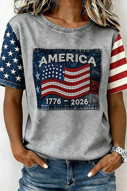 Women's Retro Independence Day Flag Printed T-shirt