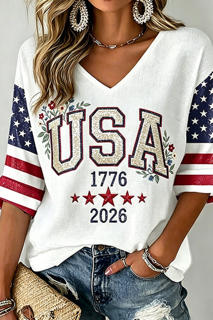 Women's Independence Day Art Three-quarter Sleeve V Neck Linen Tops