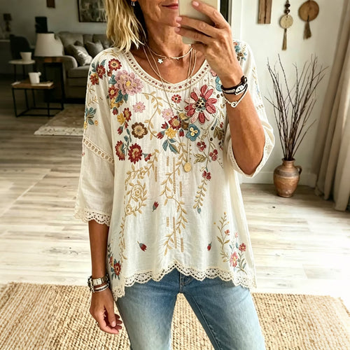 Women's Floral Design Short-sleeved Linen T-shirt