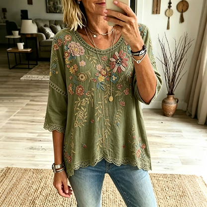 Women's Floral Design Short-sleeved Linen T-shirt