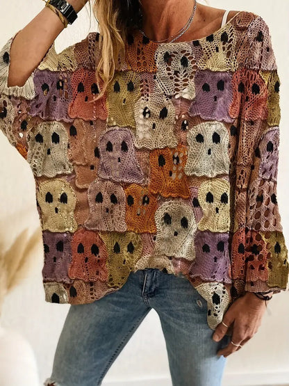 Halloween Pumpkin Bat Hollow‑out Knit Top
