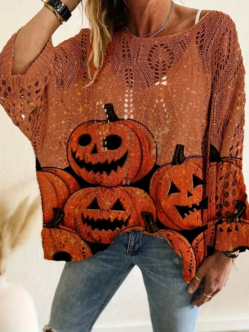 Halloween Pumpkin Bat Hollow‑out Knit Top