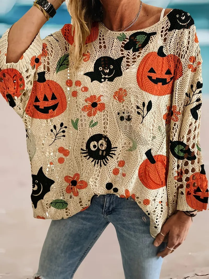 Halloween Pumpkin Bat Hollow‑out Knit Top