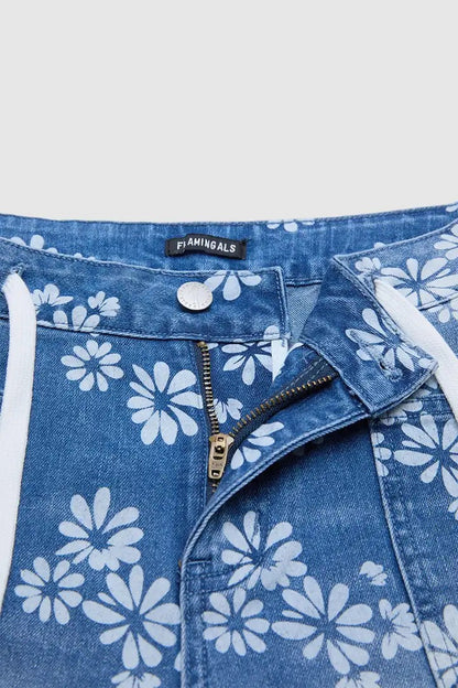 Floral Print Denim Bermuda Shorts