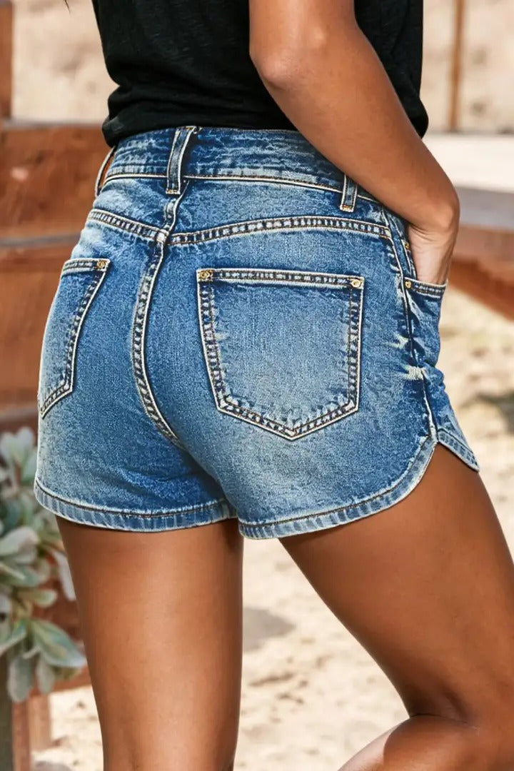 High Waist Curved Hem Denim Shorts