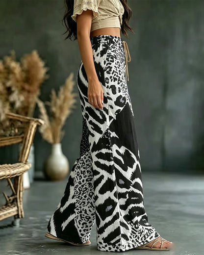 Leopard Print Patchwork Wide Leg Casual Pants