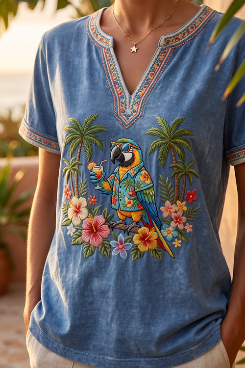 Tropical Parrot Embroidered V-Neck Tee