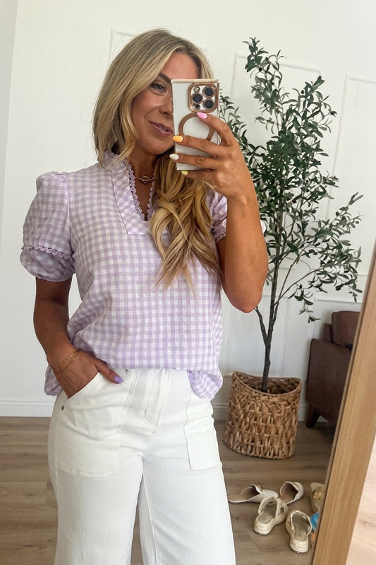 Lilac Gingham Puff Sleeve Blouse