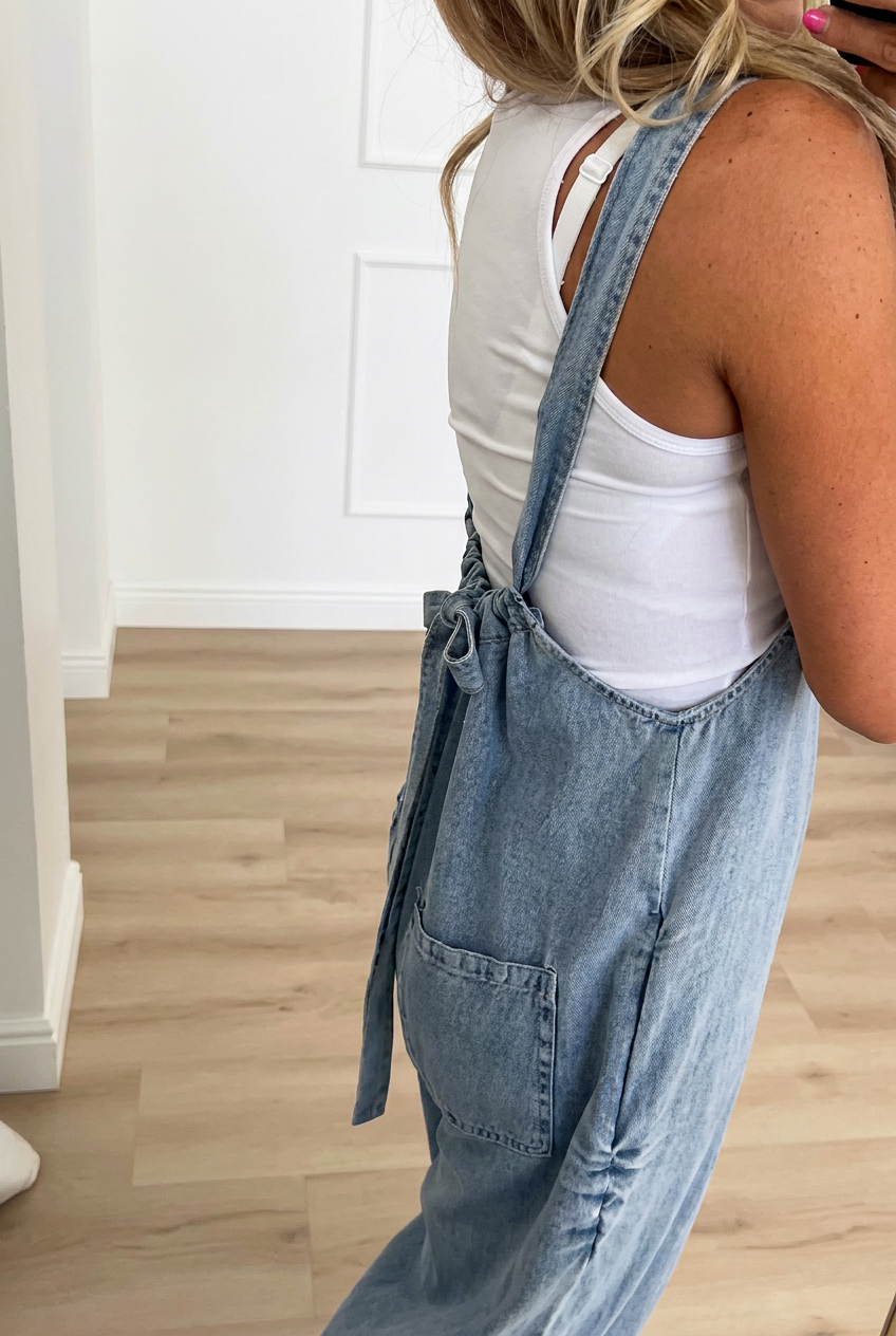 Light Wash Denim Tie Side Overalls