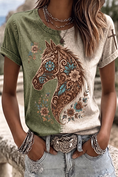Women'S Clothing Belief Western Ethnic Elements Horse Art Print Casual T-Shirt