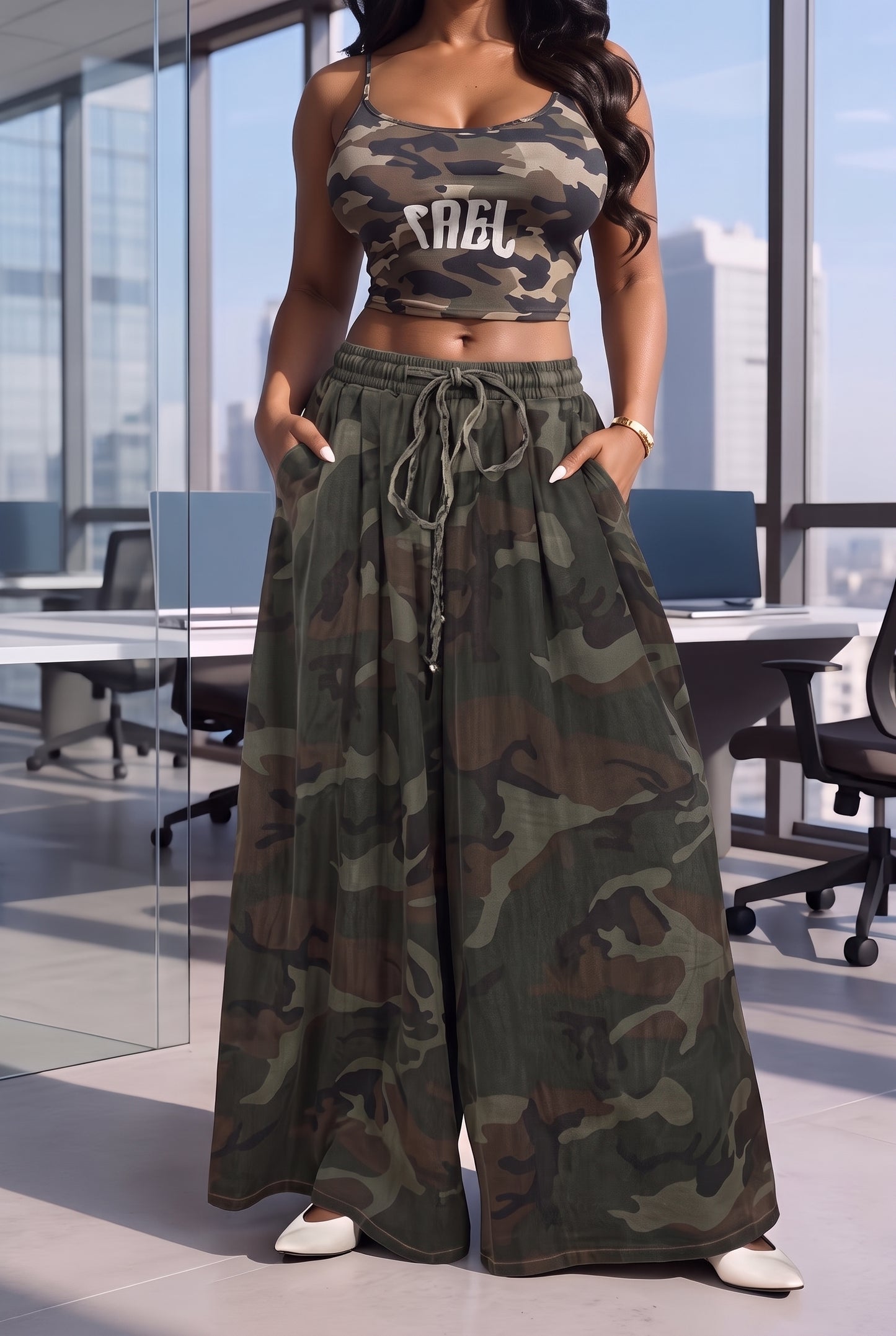 Drawstring Elastic Waist Wide Leg Denim & Camo Pants | Full Length Flowy Casual Trousers