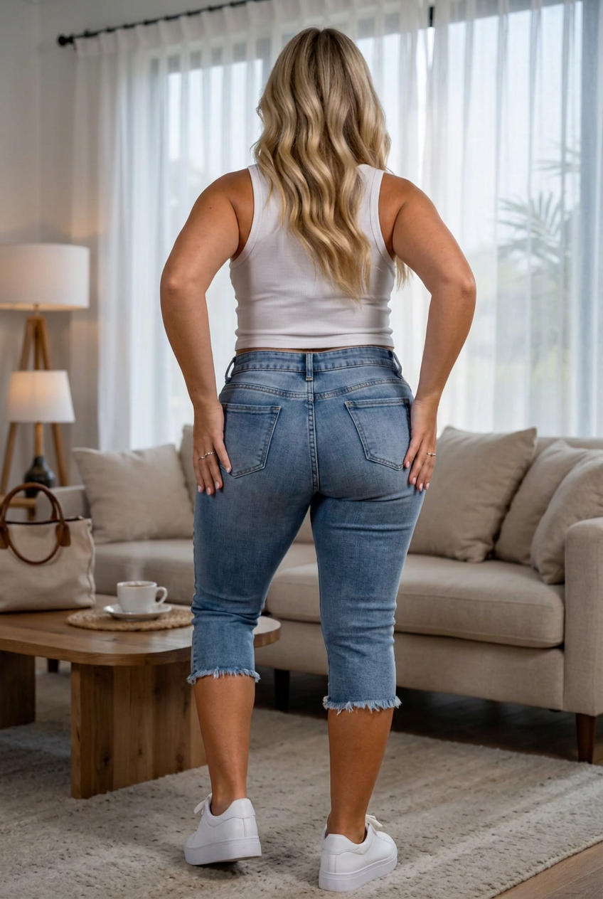 Distressed Frayed Drawstring Waist Capri Jeans