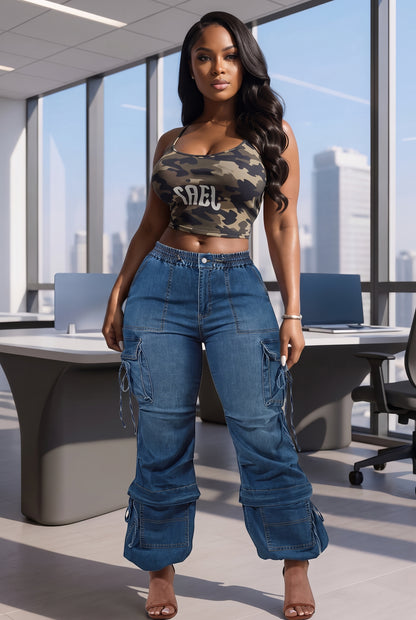 Multi-Pocket Drawstring Cuff Cargo Denim Pants | Elastic Waist Baggy Jeans