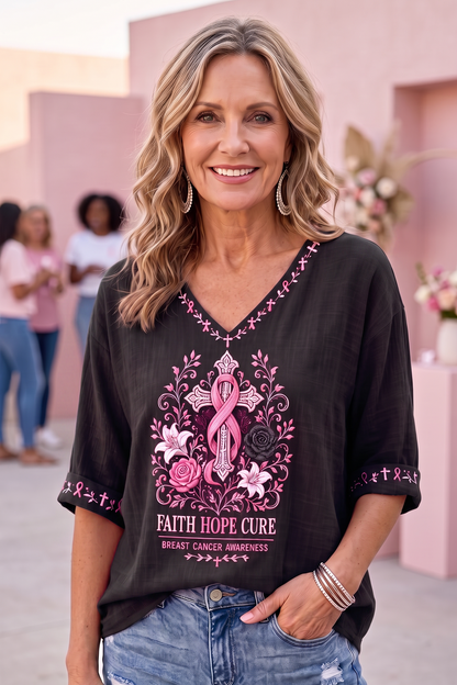 Women'S Breast Cancer Printed V-Neck Short Sleeve T-Shirt