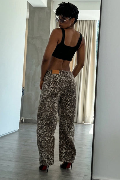 Leopard Print Straight-Leg Denim Jeans