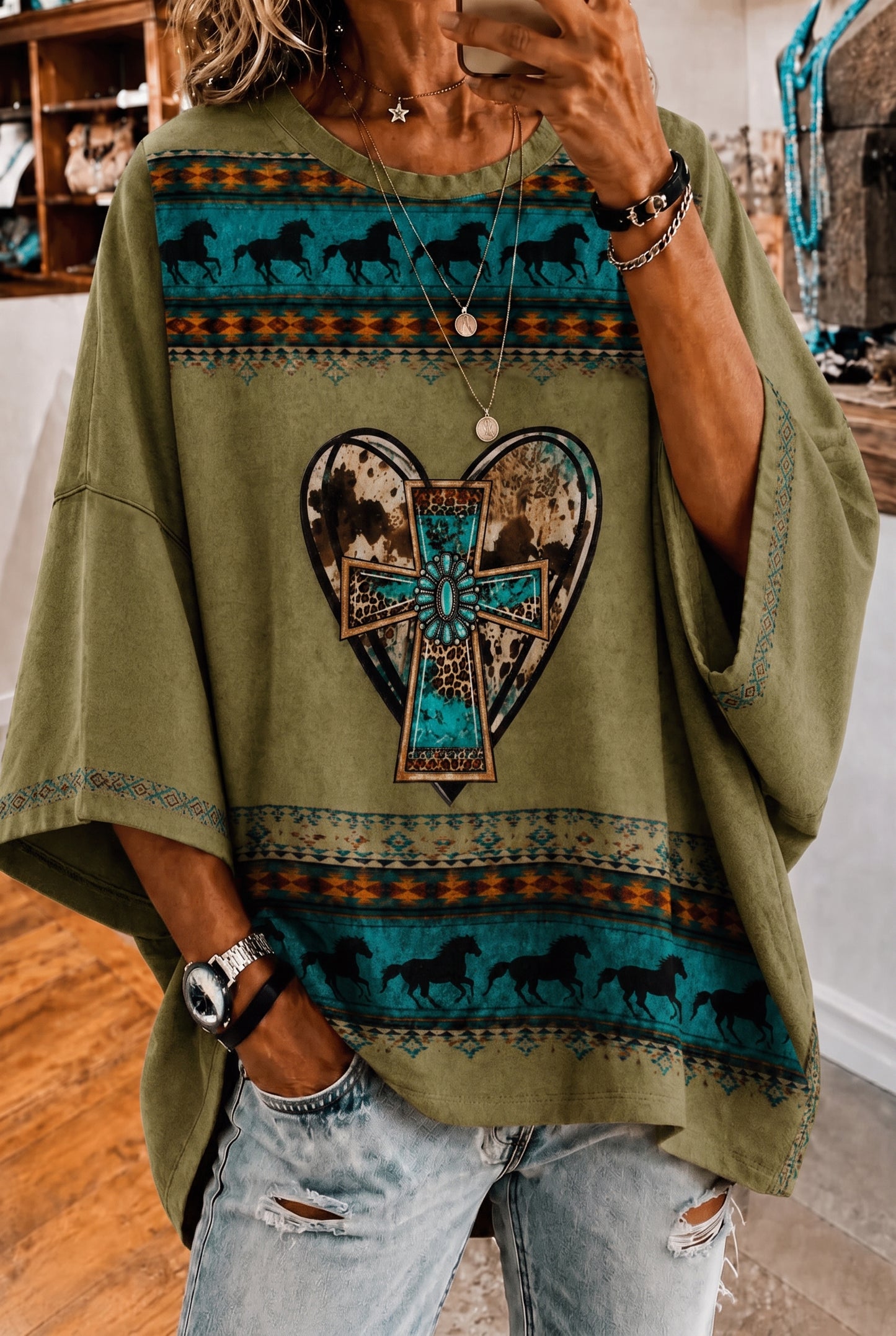 Omen'S Retro Western Style Faith Printed Loose Top