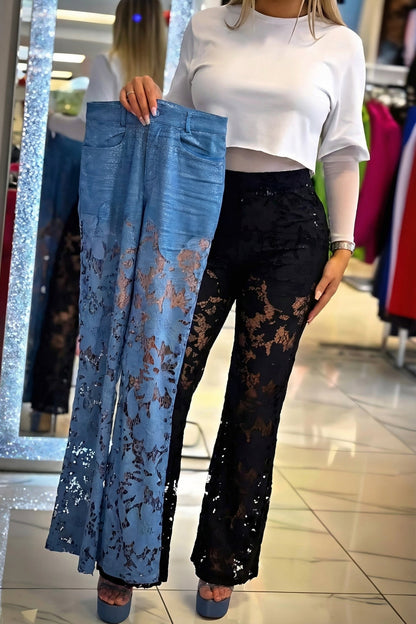 Blue Sheer Cutout High-Waist Flare Pants