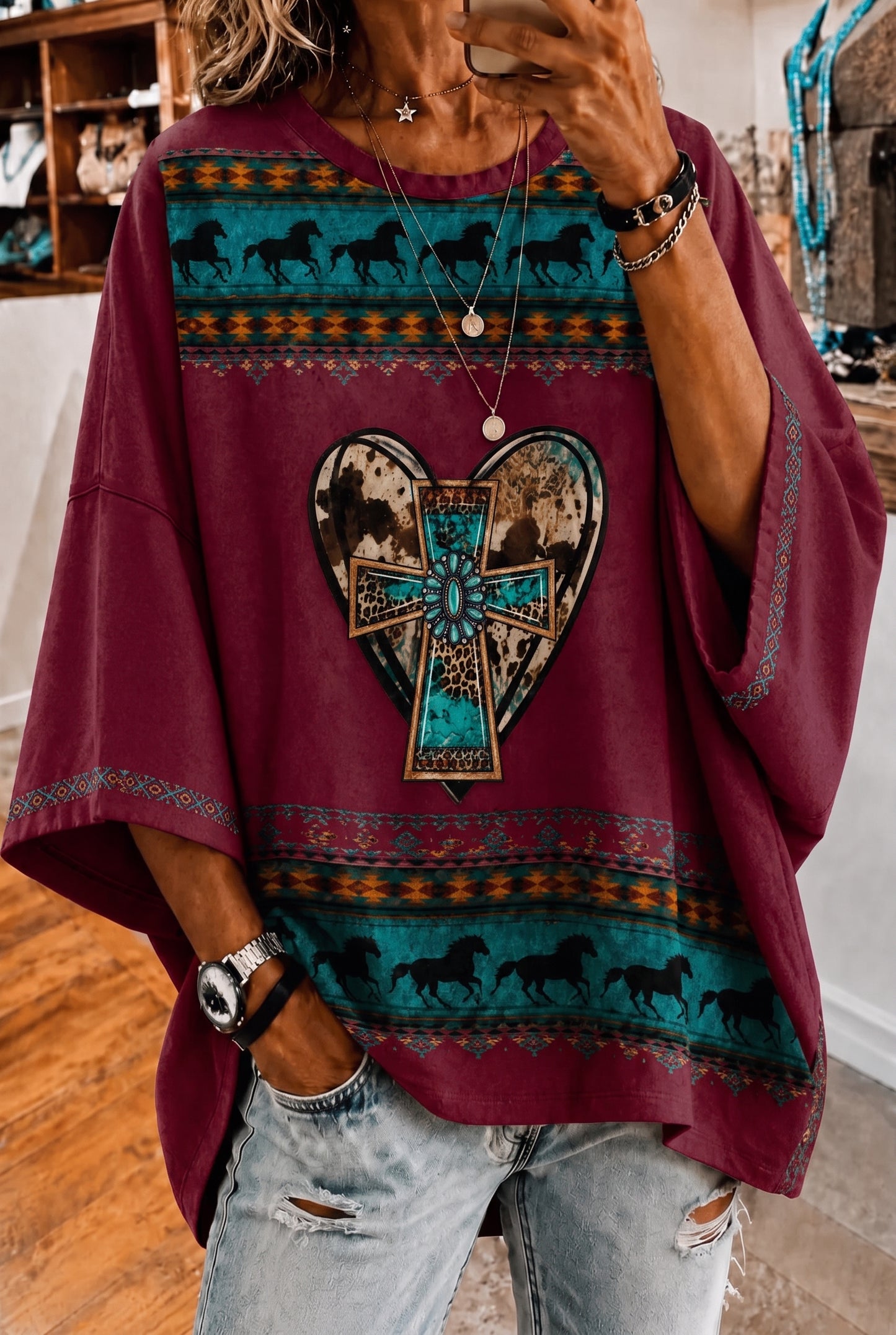 Omen'S Retro Western Style Faith Printed Loose Top