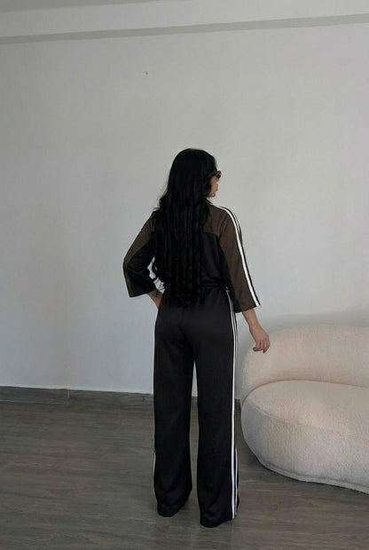Brown Striped Tracksuit Two Piece Set