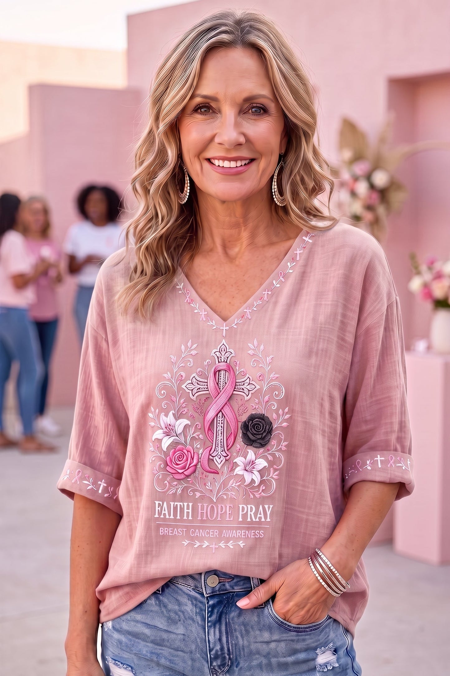 Women'S Breast Cancer Printed V-Neck Short Sleeve T-Shirt