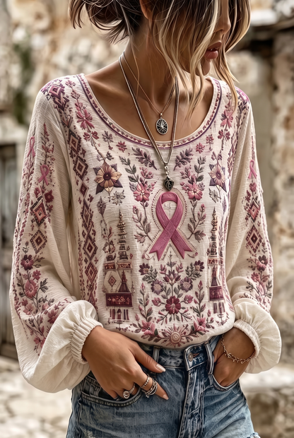 Women'S Floral Printed Casual Cotton And Linen Top