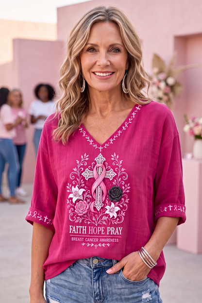 Women'S Breast Cancer Printed V-Neck Short Sleeve T-Shirt