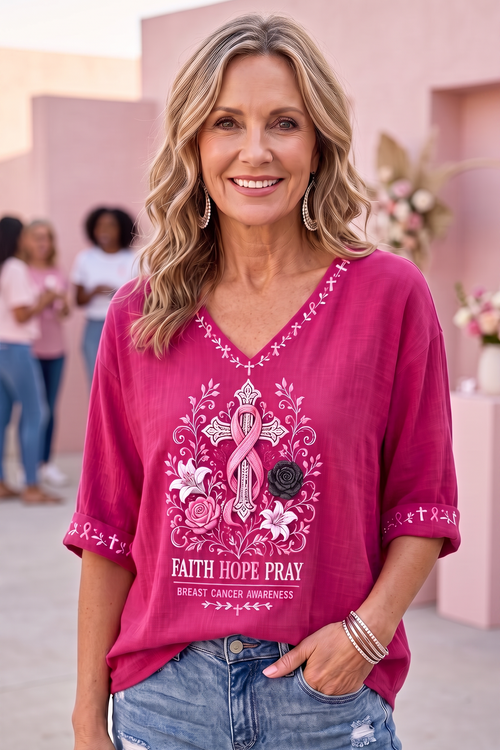 Women'S Breast Cancer Printed V-Neck Short Sleeve T-Shirt