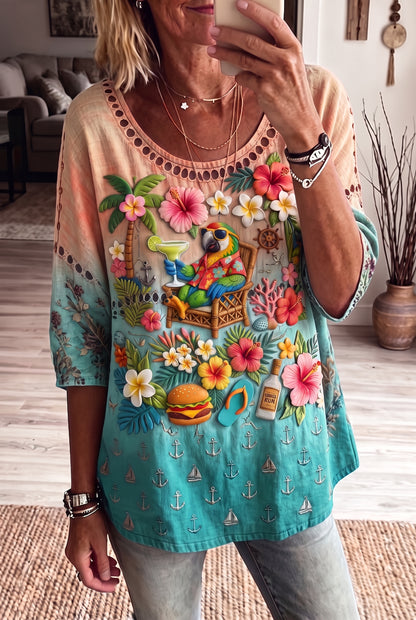Changes In Latitudes Tropical Parrot 3/4 Sleeve Eyelet Blouse