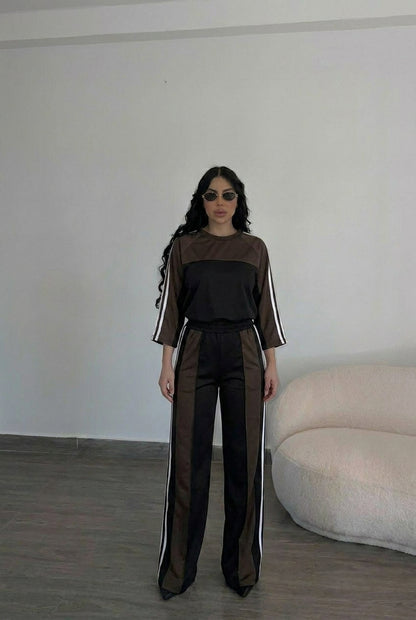 Brown Striped Tracksuit Two Piece Set