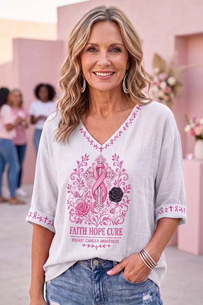Women'S Breast Cancer Printed V-Neck Short Sleeve T-Shirt
