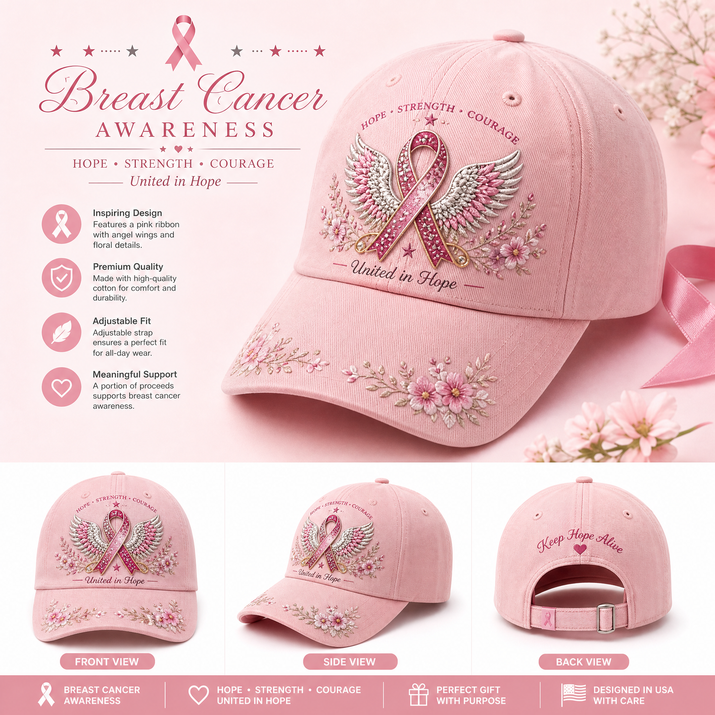 Pink Ribbon Angel Wings Breast Cancer Awareness Baseball Cap