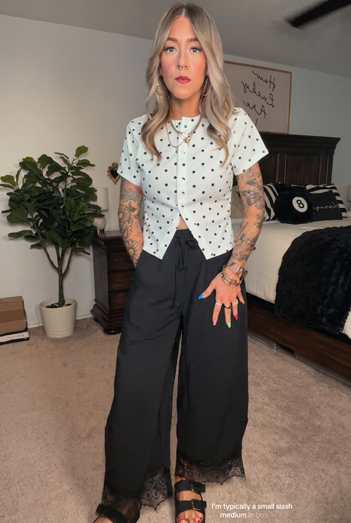 Black Lace Trim Drawstring Wide Leg Pants