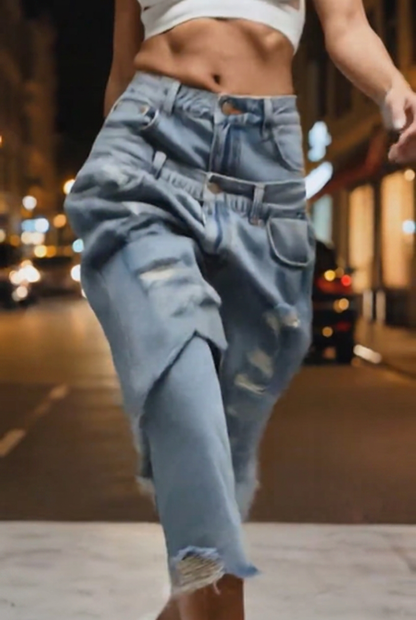 Double Waist Layered Ripped Denim Culottes