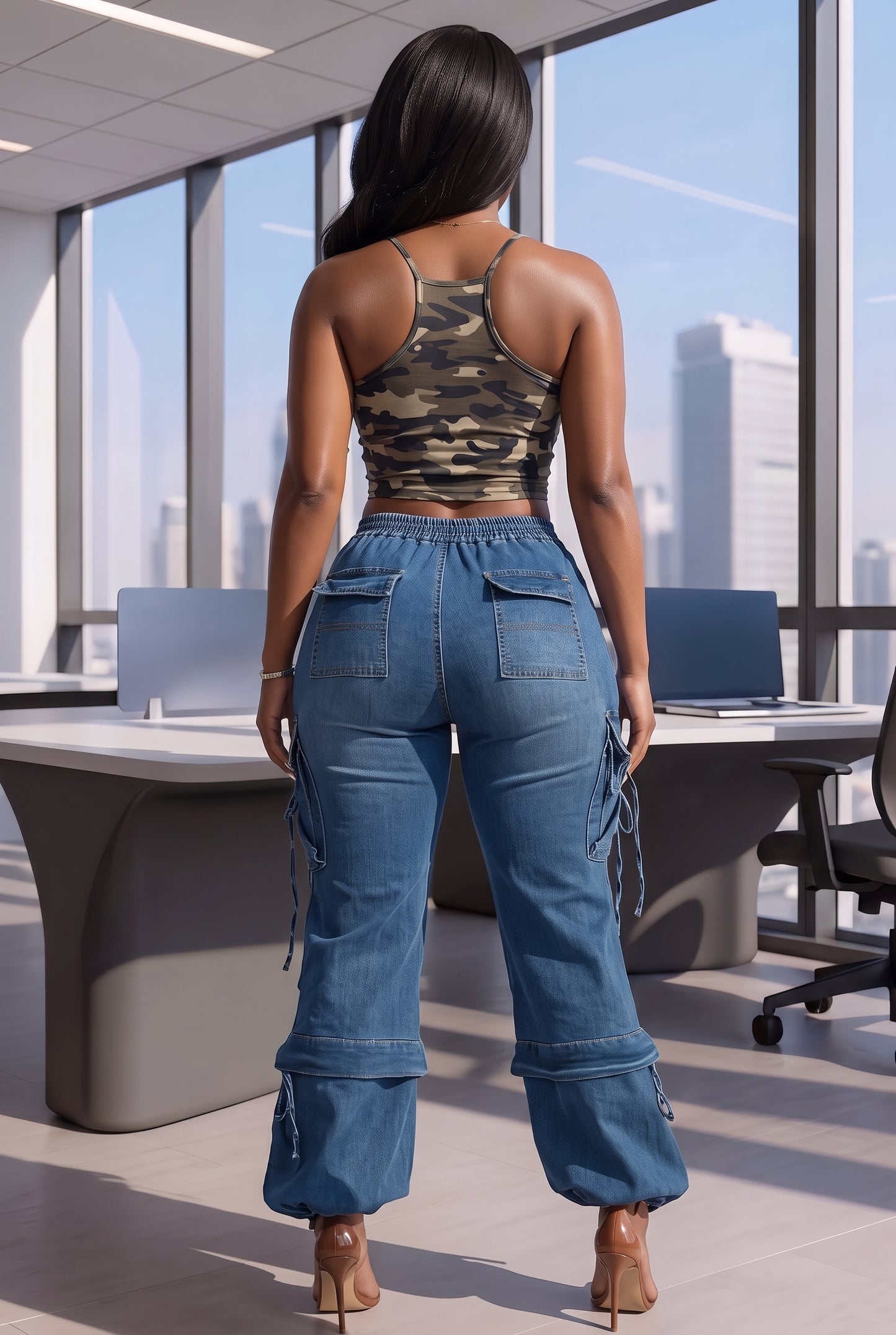 Multi-Pocket Drawstring Cuff Cargo Denim Pants | Elastic Waist Baggy Jeans