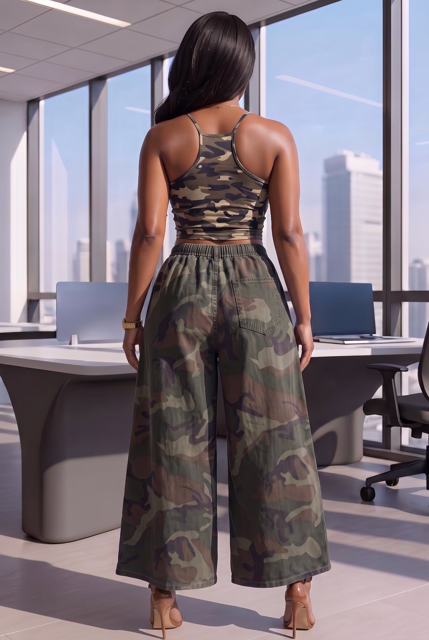 Drawstring Elastic Waist Wide Leg Denim & Camo Pants | Full Length Flowy Casual Trousers