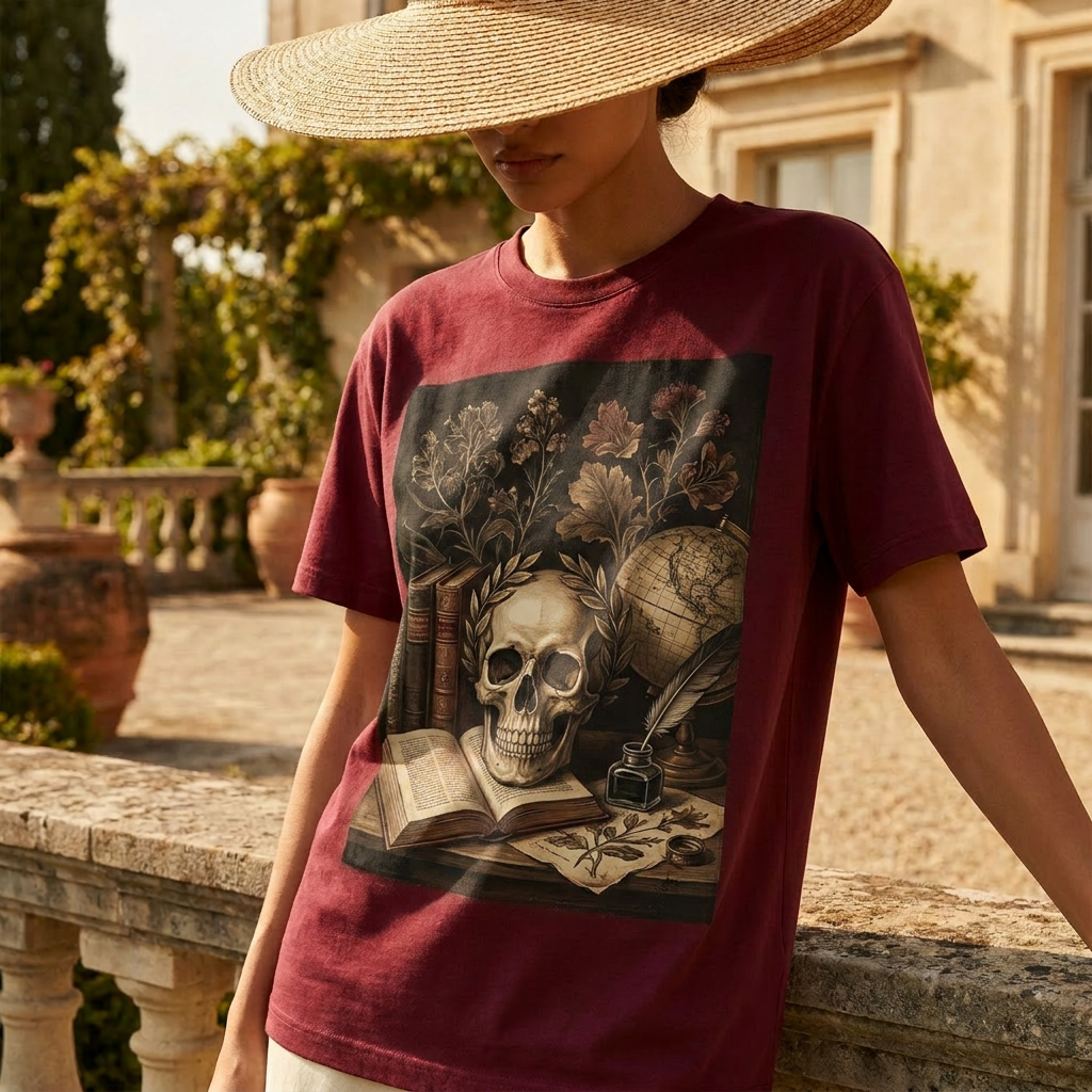 Dark Academia Skull Print Burgundy Tee