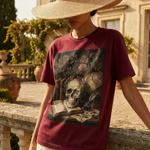 Dark Academia Skull Print Burgundy Tee