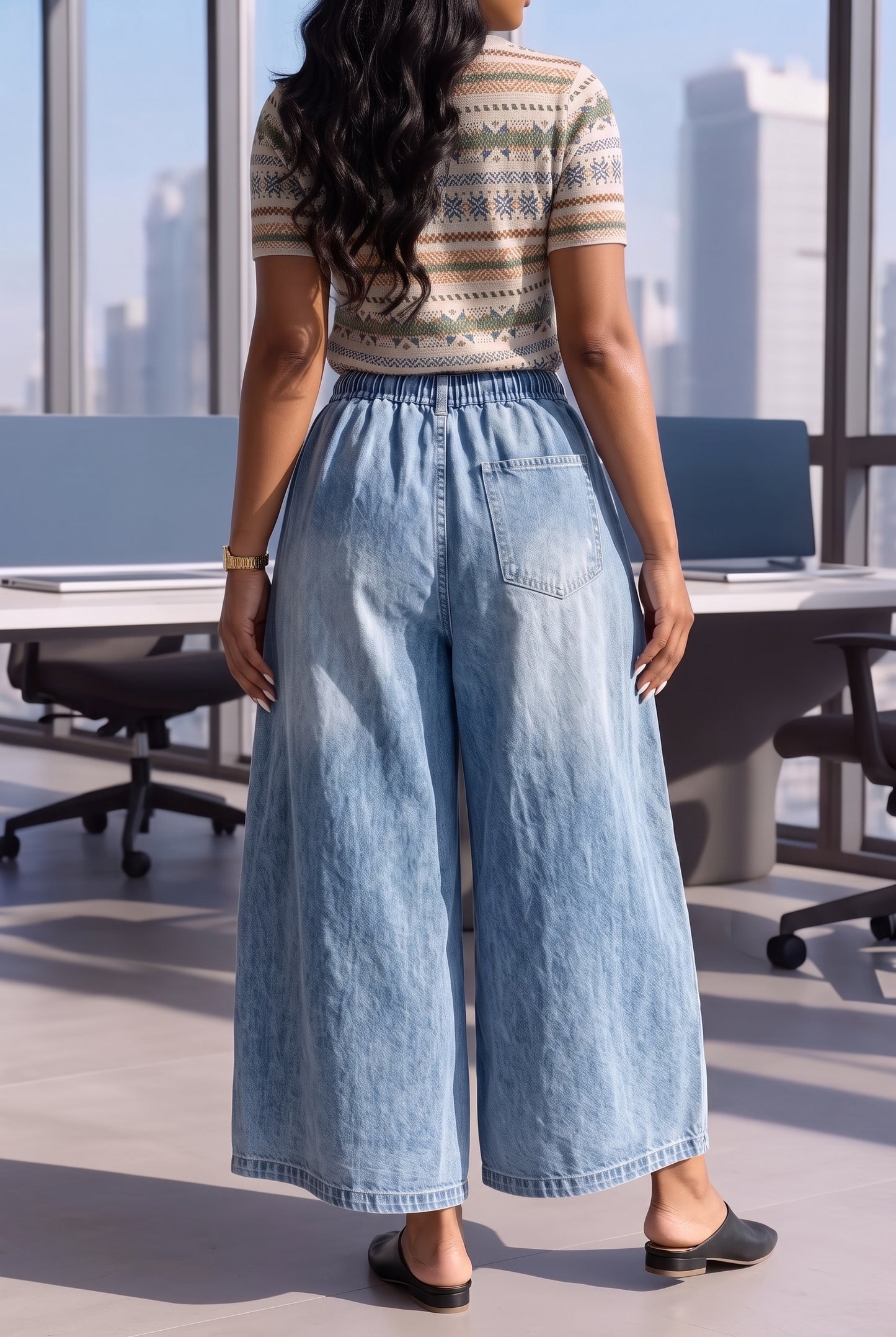 Drawstring Elastic Waist Wide Leg Denim & Camo Pants | Full Length Flowy Casual Trousers