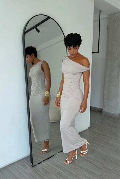 One Shoulder Hardware Ruched Maxi Dress
