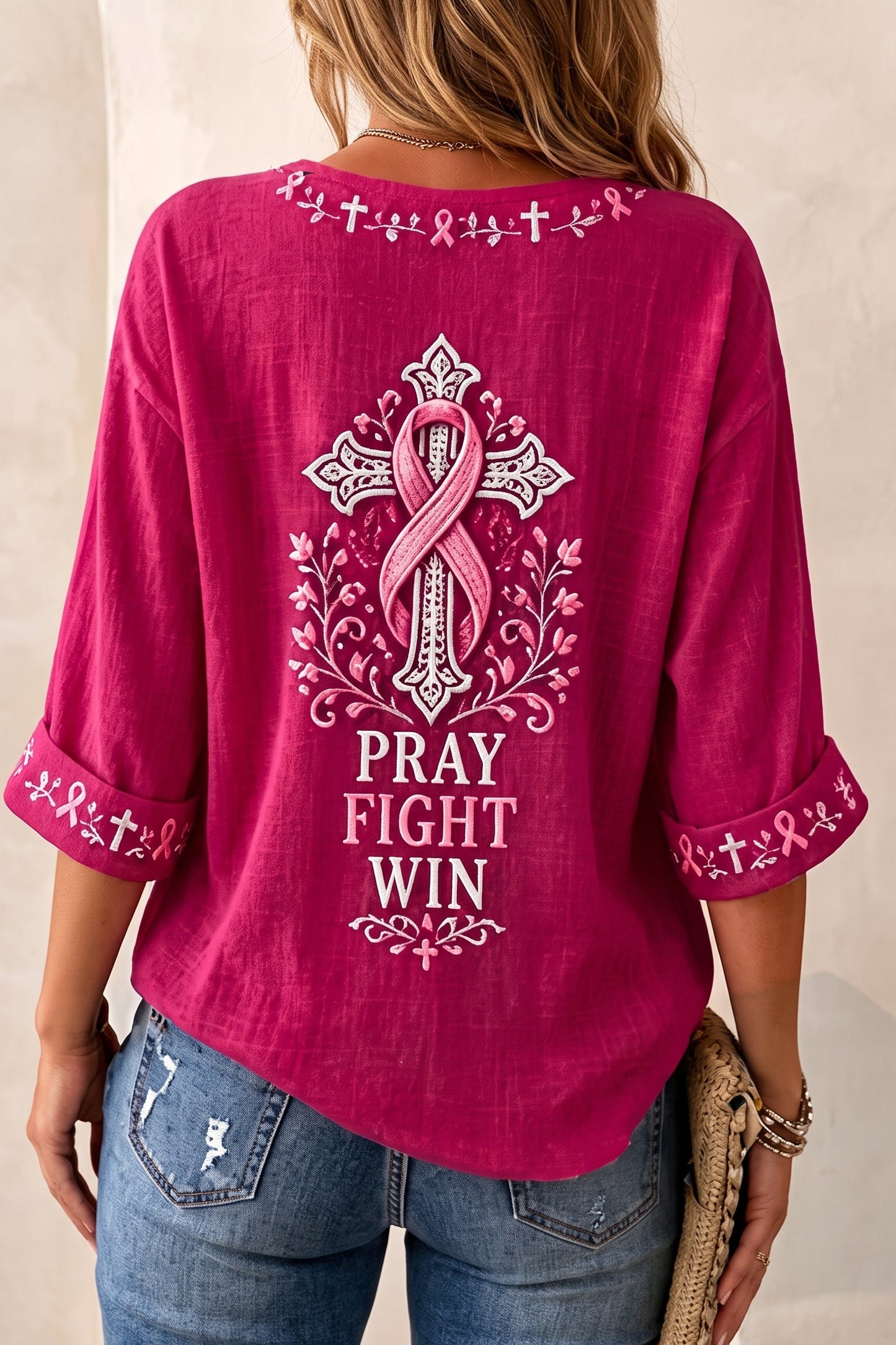 Women'S Breast Cancer Printed V-Neck Short Sleeve T-Shirt