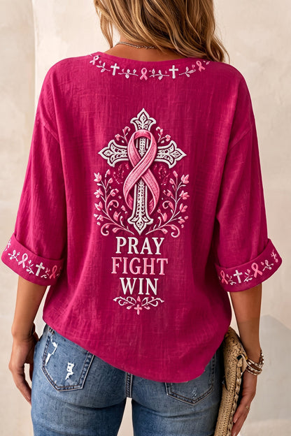Women'S Breast Cancer Printed V-Neck Short Sleeve T-Shirt