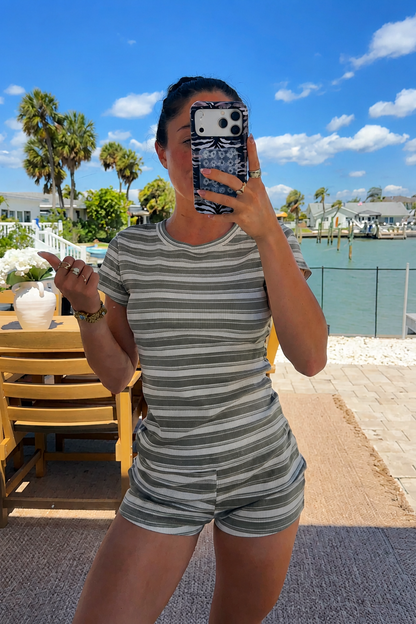 Olive Stripe Ribbed Short Sleeve Top & Shorts Matching Euro Summer Set