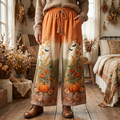Gradient Pumpkin Bat Embroidered Wide Leg Pants